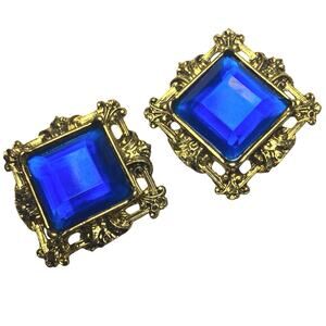 Vintage Cobalt Blue Glass Baroque Gold Tone Clip Earrings 60s 70s Statement